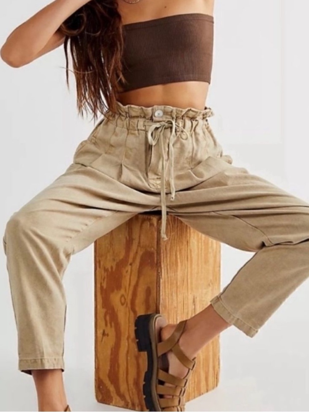 Free People Margate Belted Paper Bag Pants in Tan Sz L